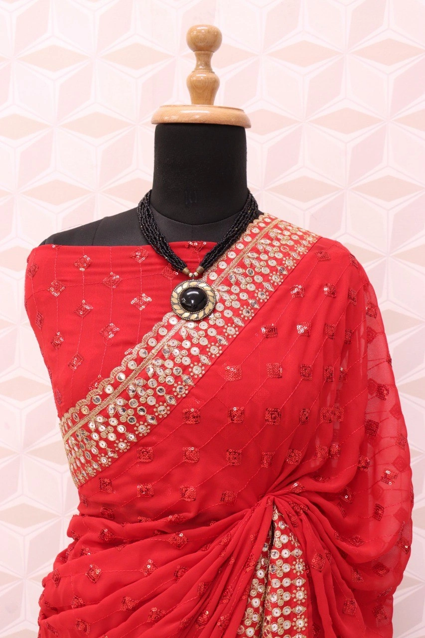 Designer Georgette Red Sequin Saree For Karwa Chauth-5