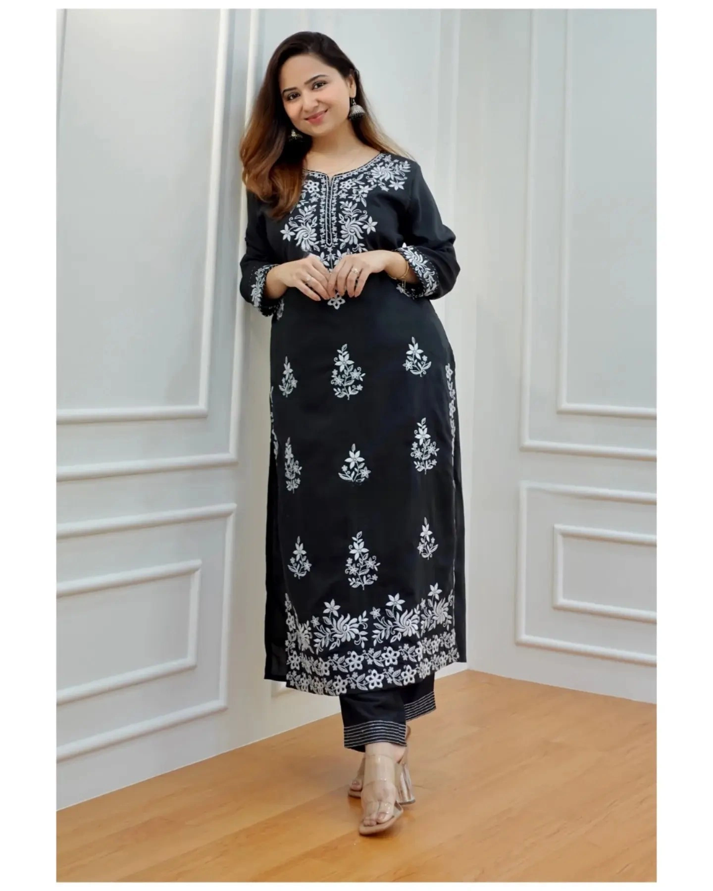 Beautiful Black Rayon Cotton Chikankari Kurti Set-M(38)-2