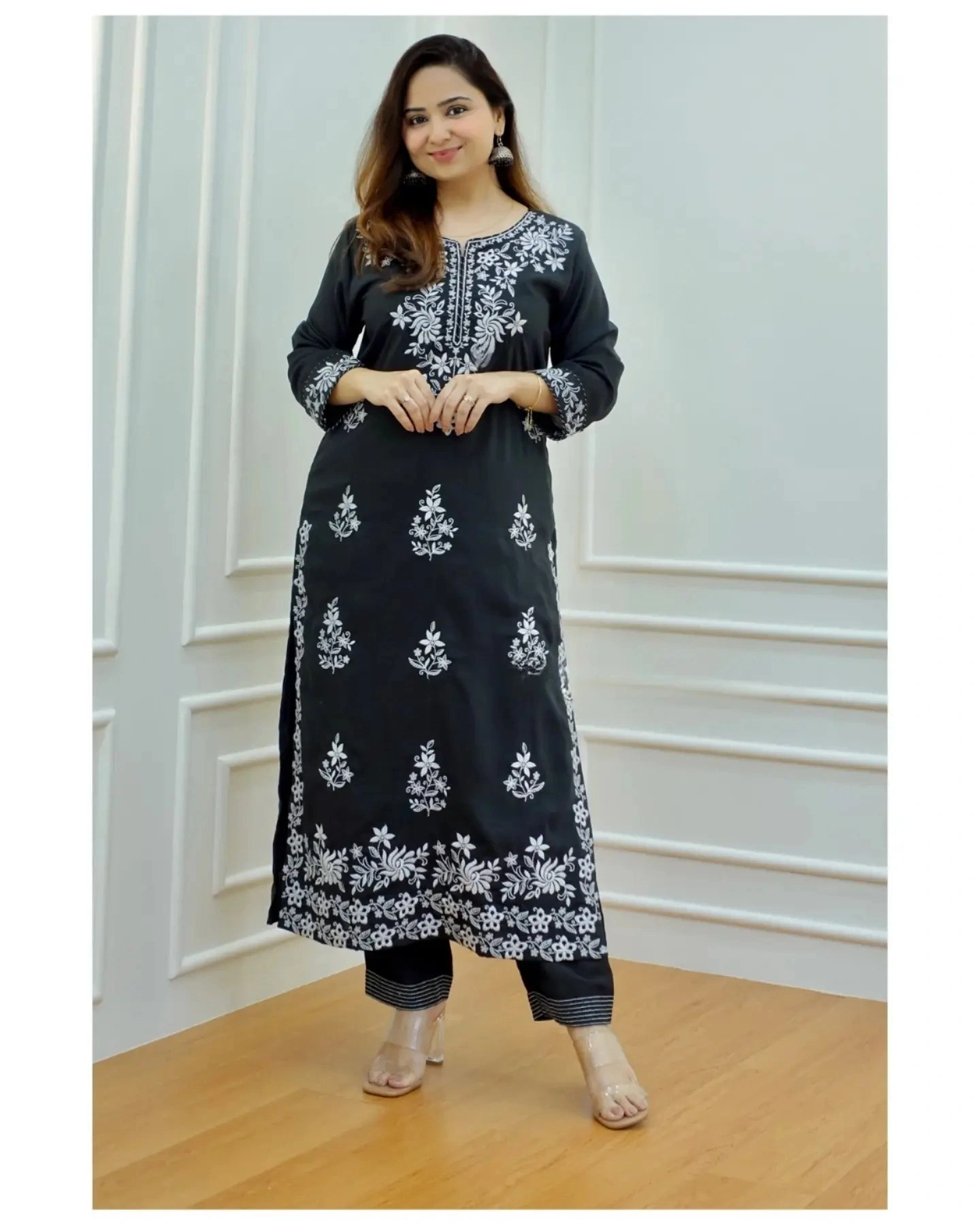 Beautiful Black Rayon Cotton Chikankari Kurti Set-KD_1398_XL