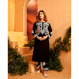 shiv black chain stitch kurta set in rayon cotton