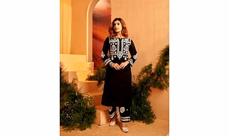 Black Chain Stitch Kurta Set in Rayon Cotton