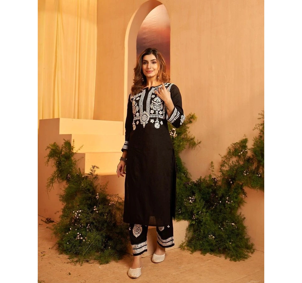 Discover Timeless Elegance: Women's Black Chain Stitch Rayon Cotton Kurta  Set