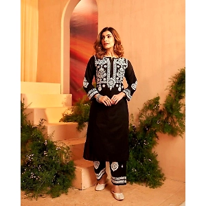 Black Chain Stitch Kurta Set in Rayon Cotton