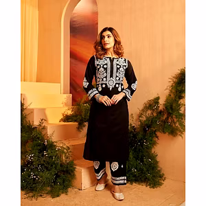 Black Chain Stitch Kurta Set in Rayon Cotton