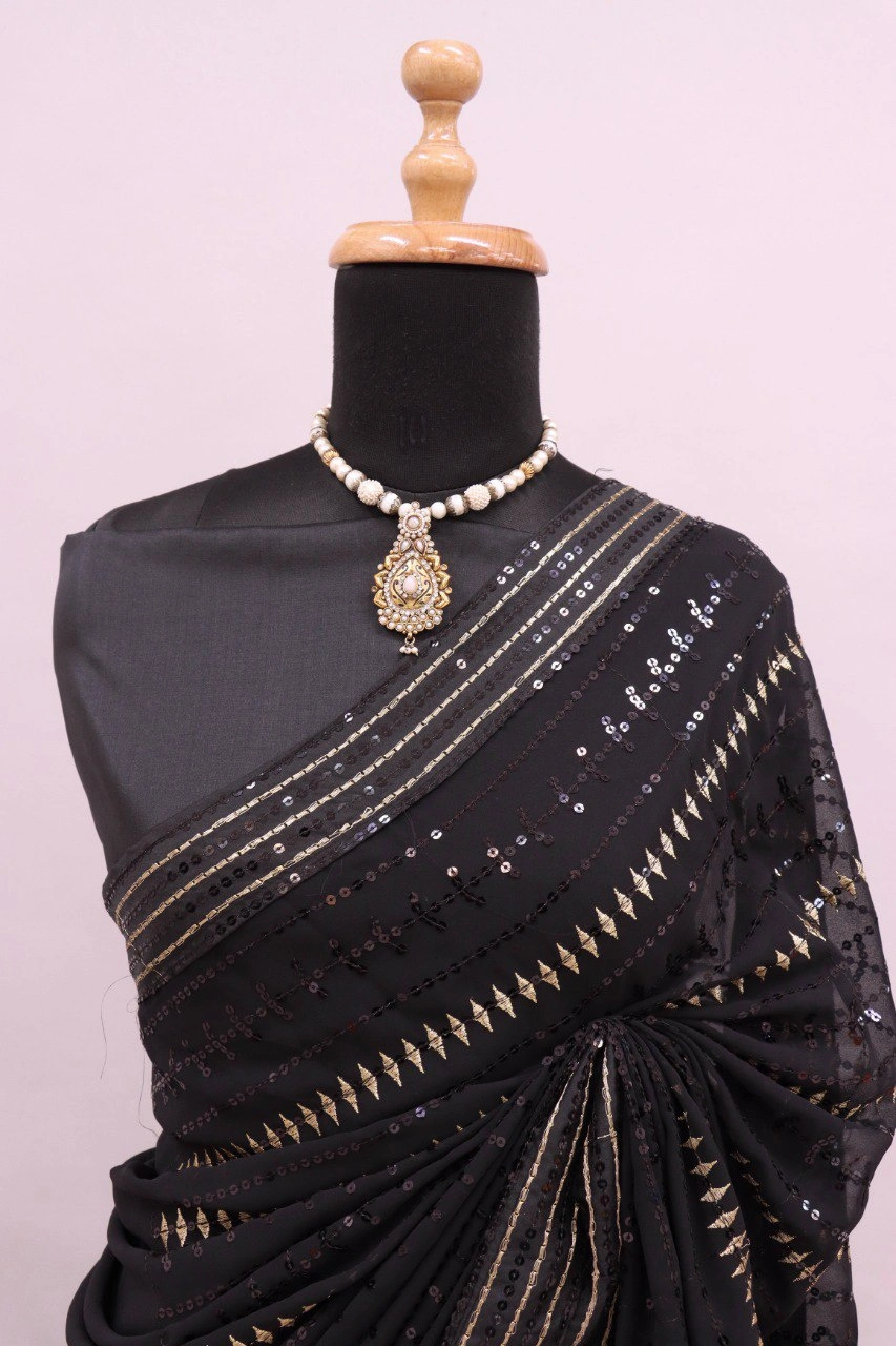 Black Color Designer Georgette Sequence Work Saree with Fancy Blouse-1