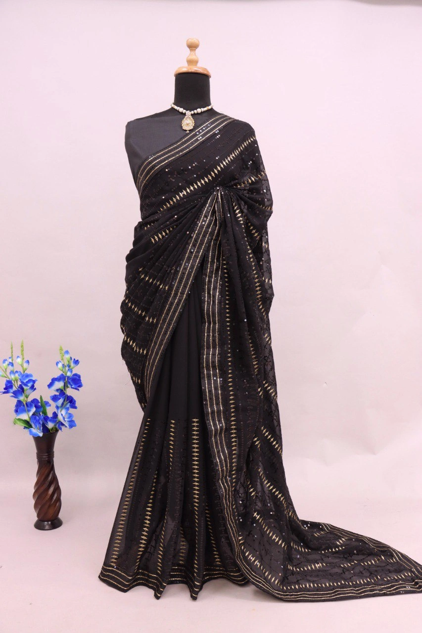 Black Color Designer Georgette Sequence Work Saree with Fancy Blouse-2