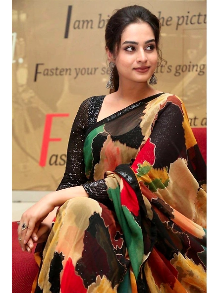 Black Georgette Digital Printed Saree: Bollywood Inspired