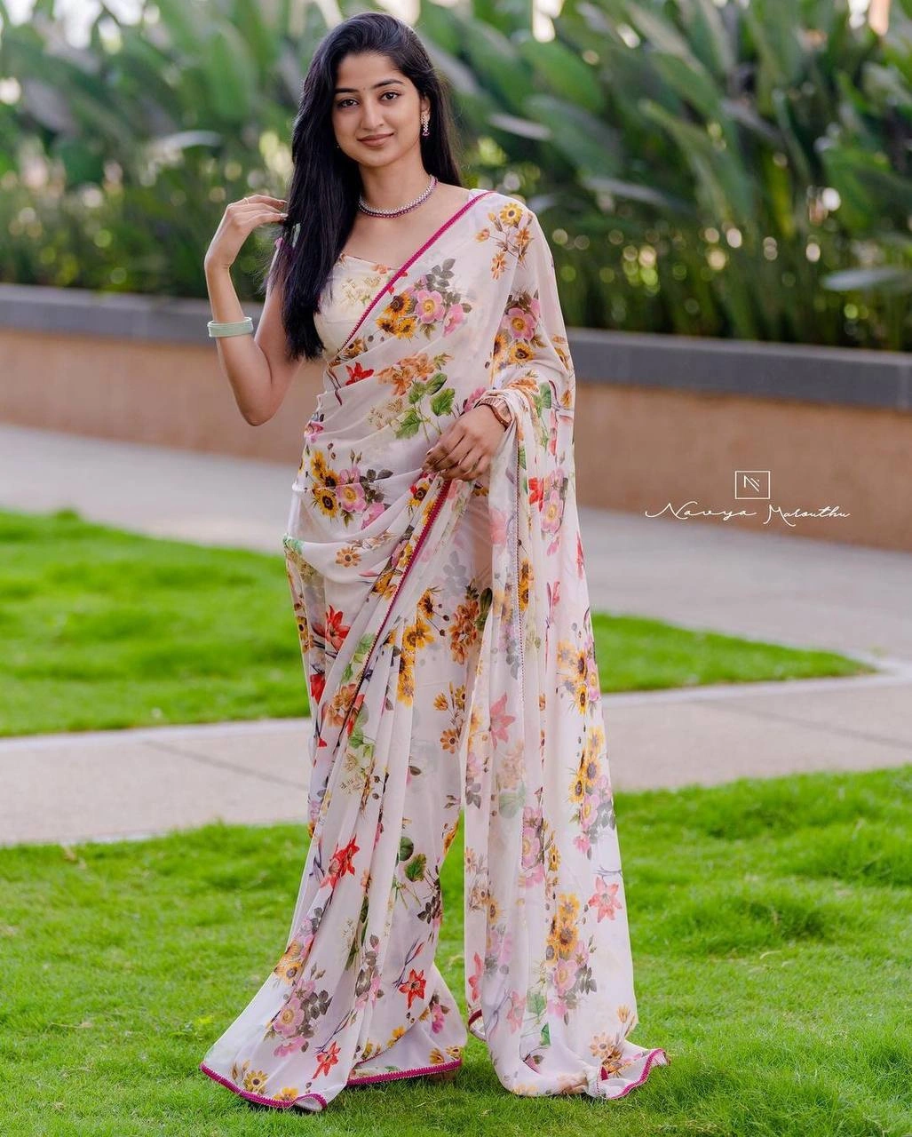 Floral Georgette Printed Sari Saree: A Bollywood-Inspired Masterpiece-NT-452