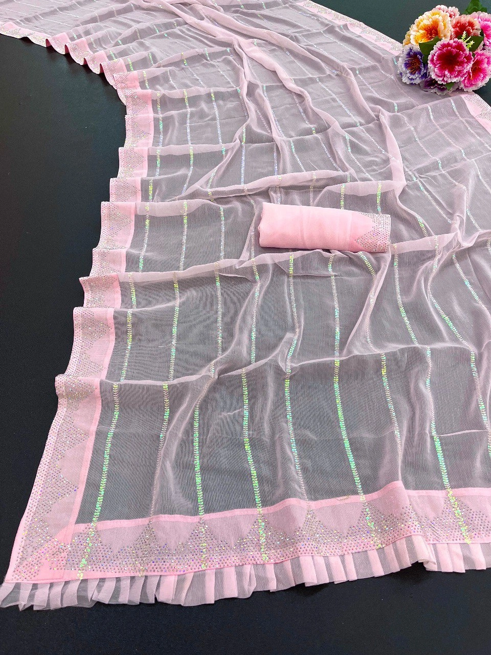 Exquisite Shimmer Fancy Thread Work Saree with Sequence Detailing-Pink-3