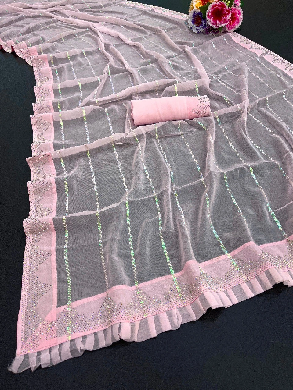 Exquisite Shimmer Fancy Thread Work Saree with Sequence Detailing-Pink-4