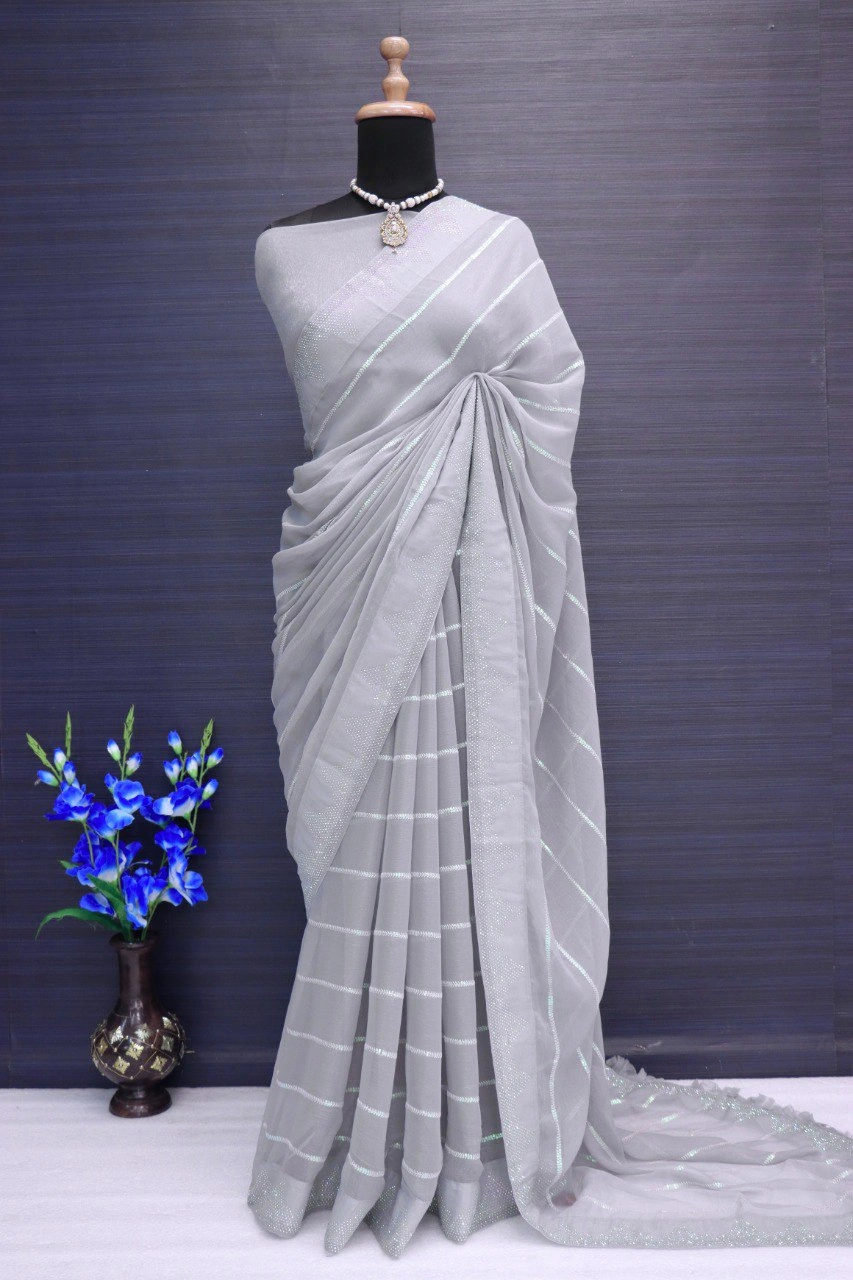 Exquisite Shimmer Fancy Thread Work Saree with Sequence Detailing-Grey-1