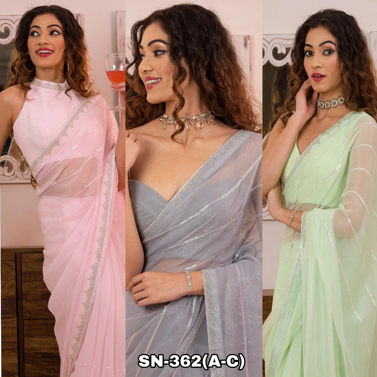 Exquisite Shimmer Fancy Thread Work Saree with Sequence Detailing-Grey-5