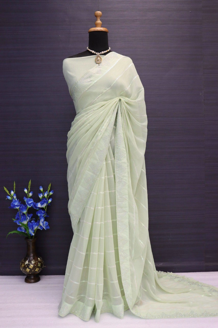 Exquisite Shimmer Fancy Thread Work Saree with Sequence Detailing-Green-1