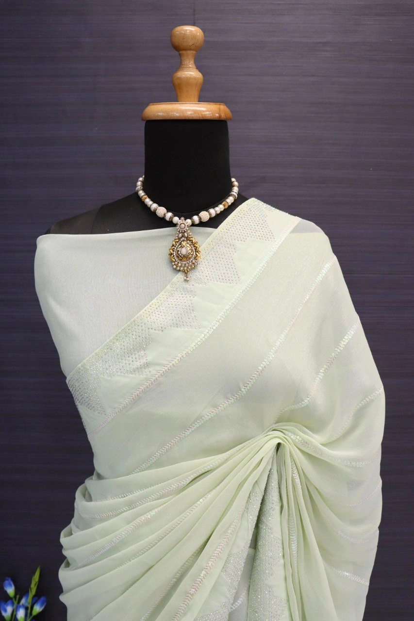 Exquisite Shimmer Fancy Thread Work Saree with Sequence Detailing-Green-2