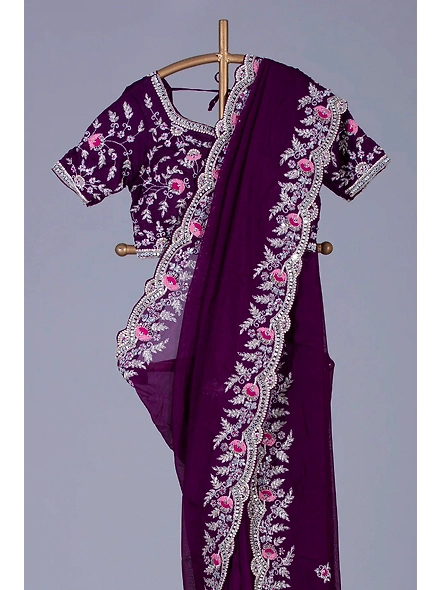 Purple Premium Georgette Embroidery Work Saree With Blouse