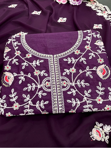 Purple Premium Georgette Embroidery Work Saree With Blouse-2