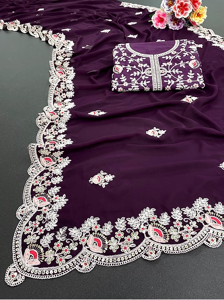 Purple Premium Georgette Embroidery Work Saree With Blouse-3