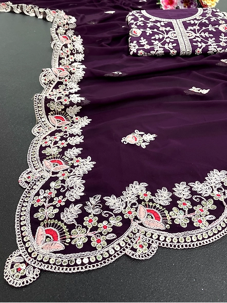 Purple Premium Georgette Embroidery Work Saree With Blouse-4