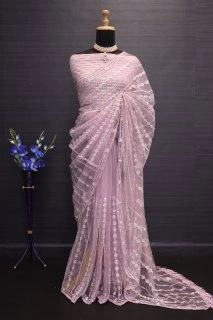 Exquisite Net Sarees with Fancy Thread Work and Zalar Lace Trim-Pink-2