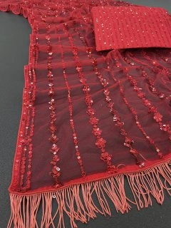 Exquisite Net Sarees with Fancy Thread Work and Zalar Lace Trim-Red-5