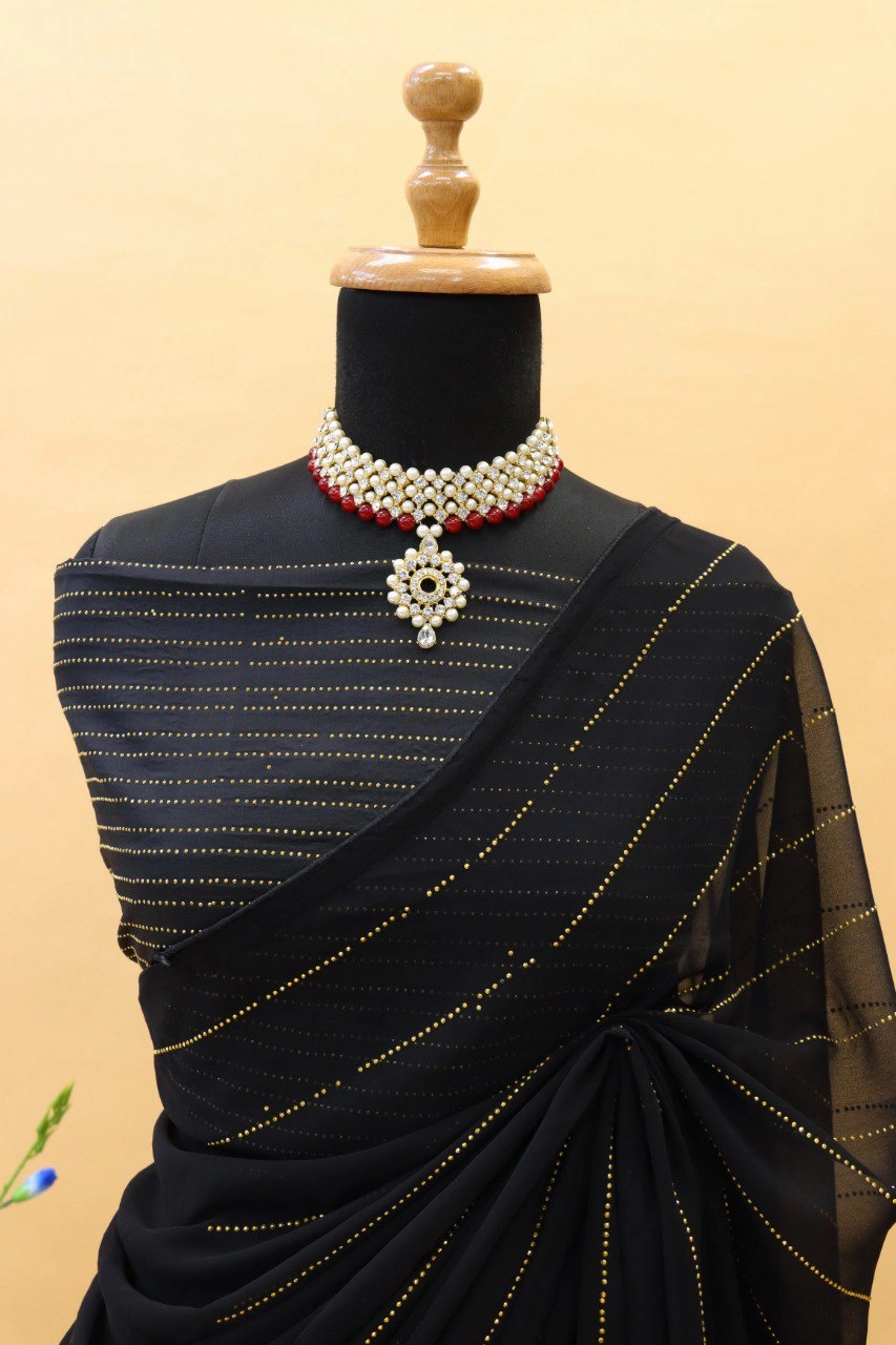 Black Georgette Saree with Swarovski - Luxury Defined-1