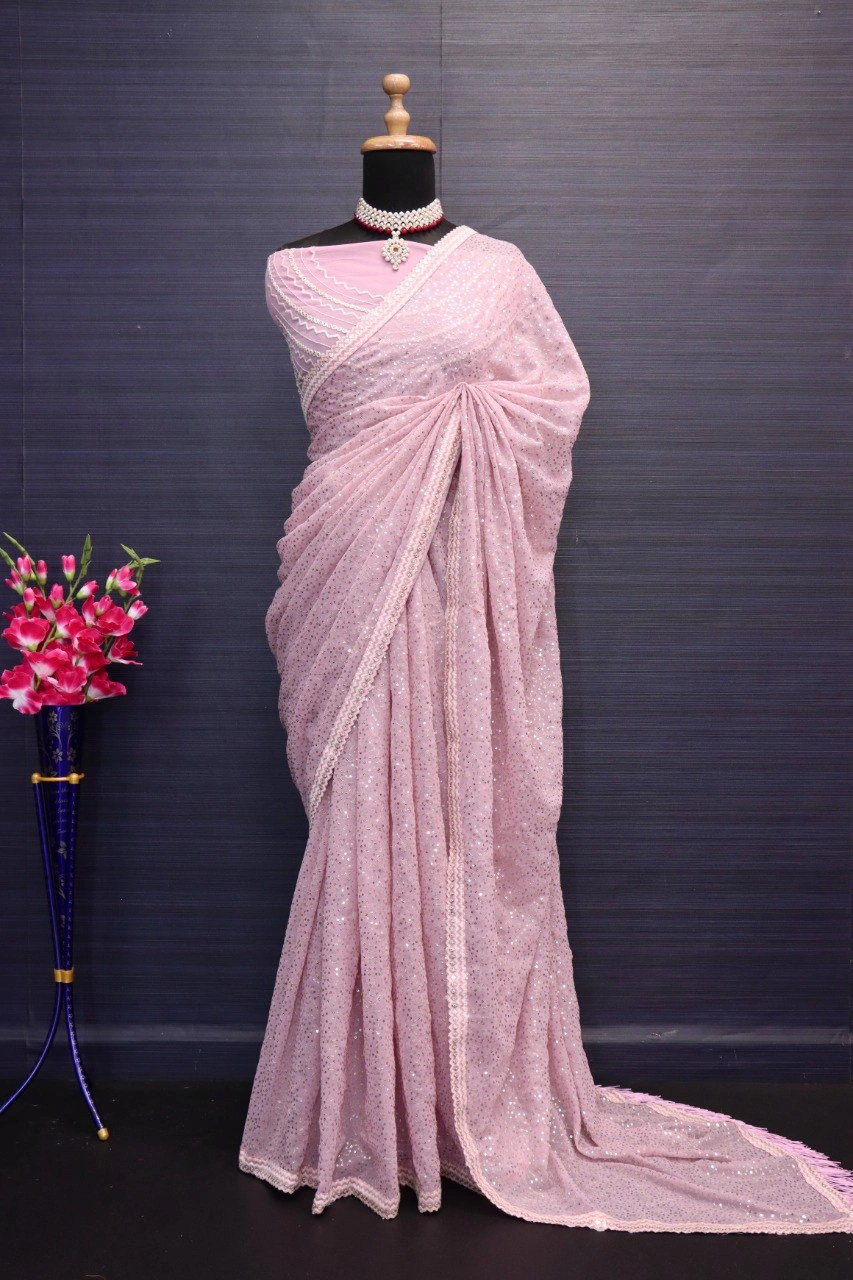 Light Pink Georgette Sequence Work Bollywood Saree-1