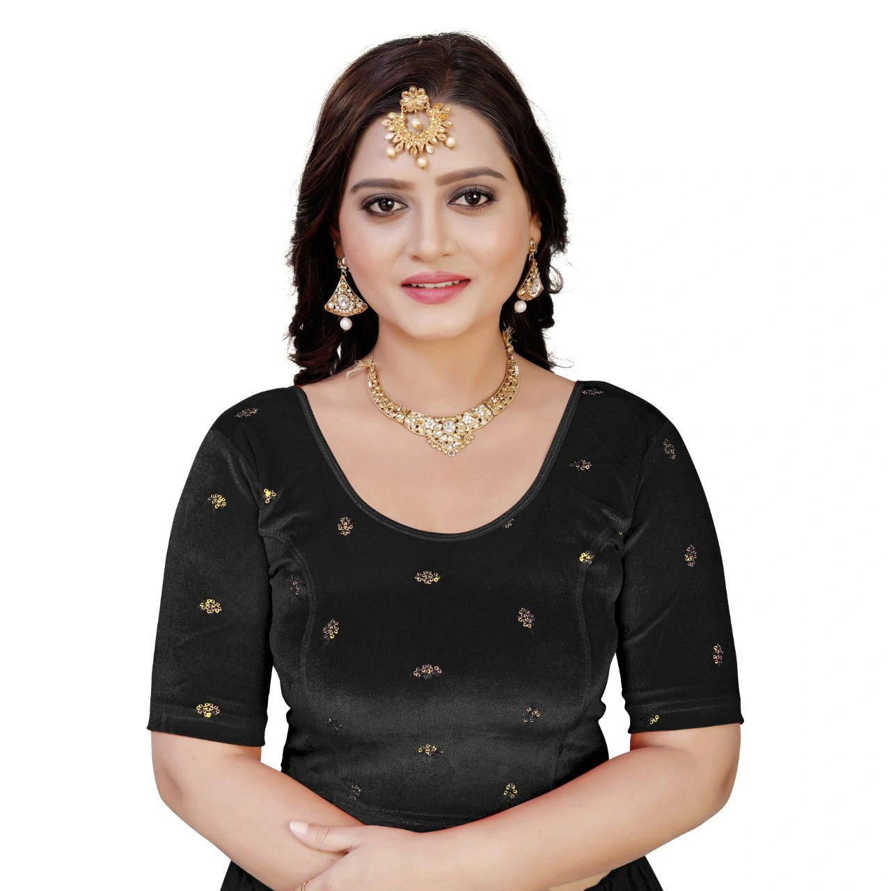 Luxurious Ready to Wear Velvet Stretchable Blouse with Embroidery Detailing-NehaBLACKL