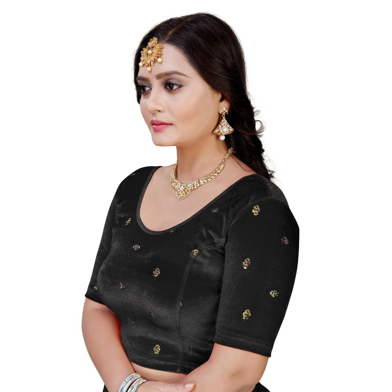 Luxurious Ready to Wear Velvet Stretchable Blouse with Embroidery Detailing-L-Black-1