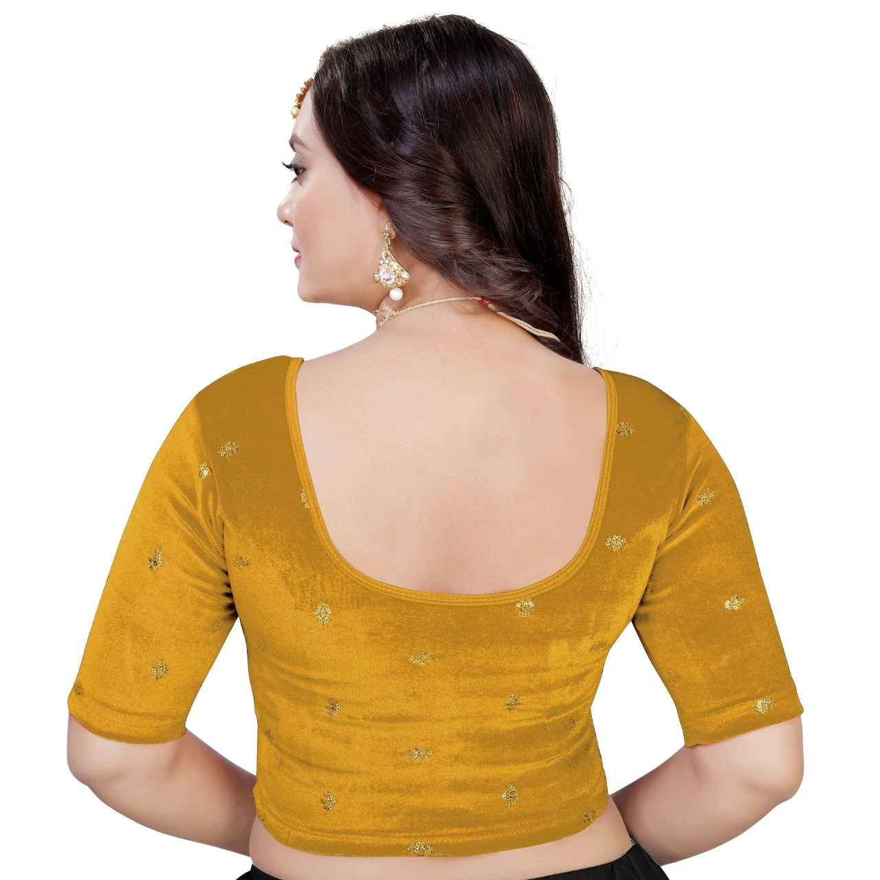 Luxurious Ready to Wear Velvet Stretchable Blouse with Embroidery Detailing-Gold-L-2