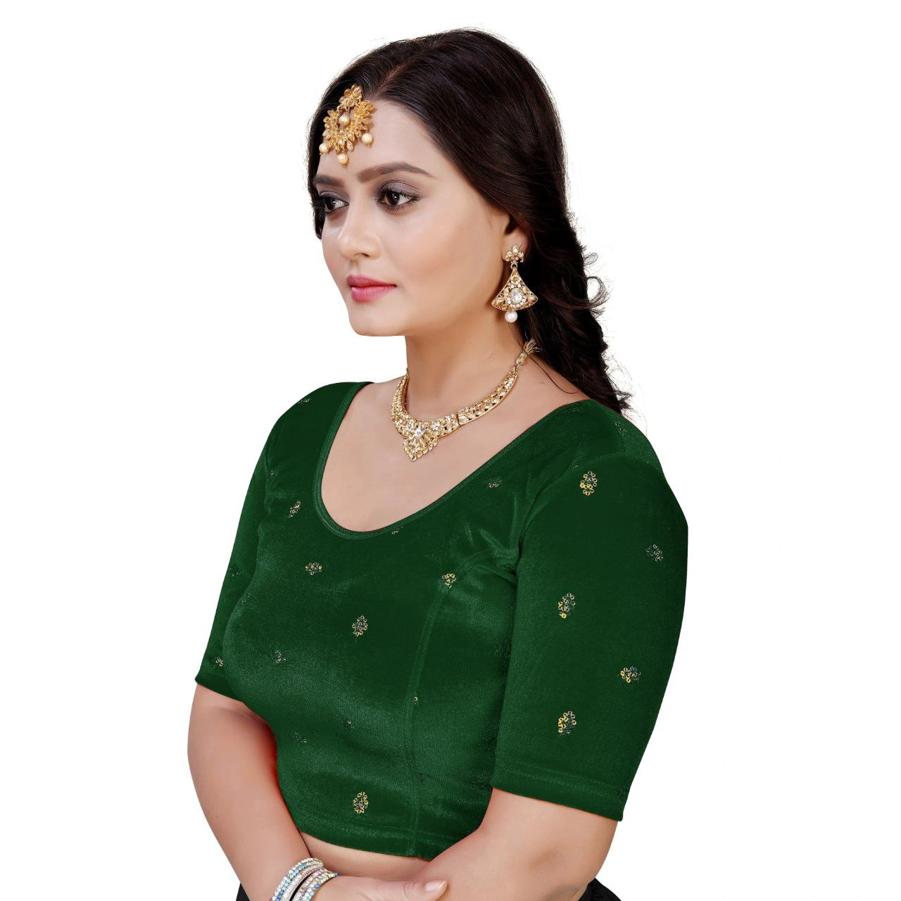 Luxurious Ready to Wear Velvet Stretchable Blouse with Embroidery Detailing-Green-L-1