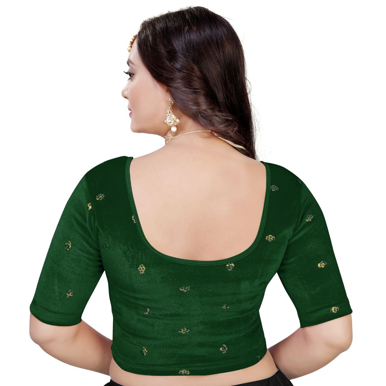 Luxurious Ready to Wear Velvet Stretchable Blouse with Embroidery Detailing-Green-L-2