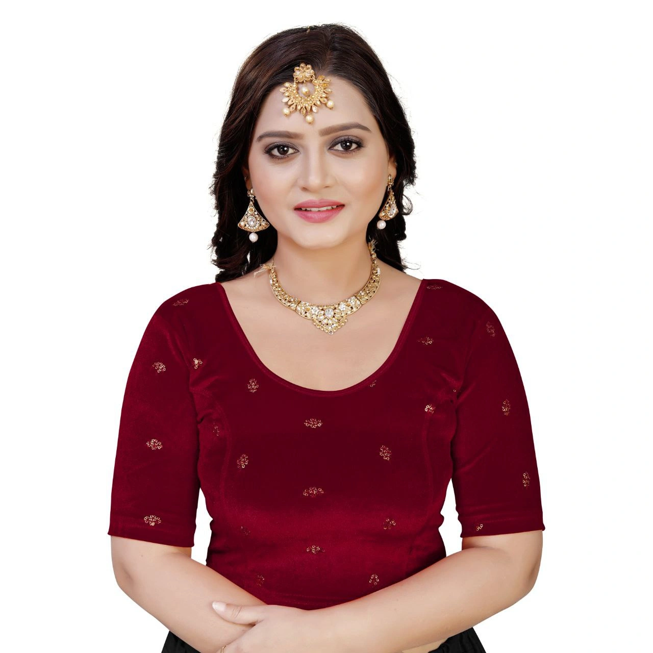 Luxurious Ready to Wear Velvet Stretchable Blouse with Embroidery Detailing-NehaMAROONL