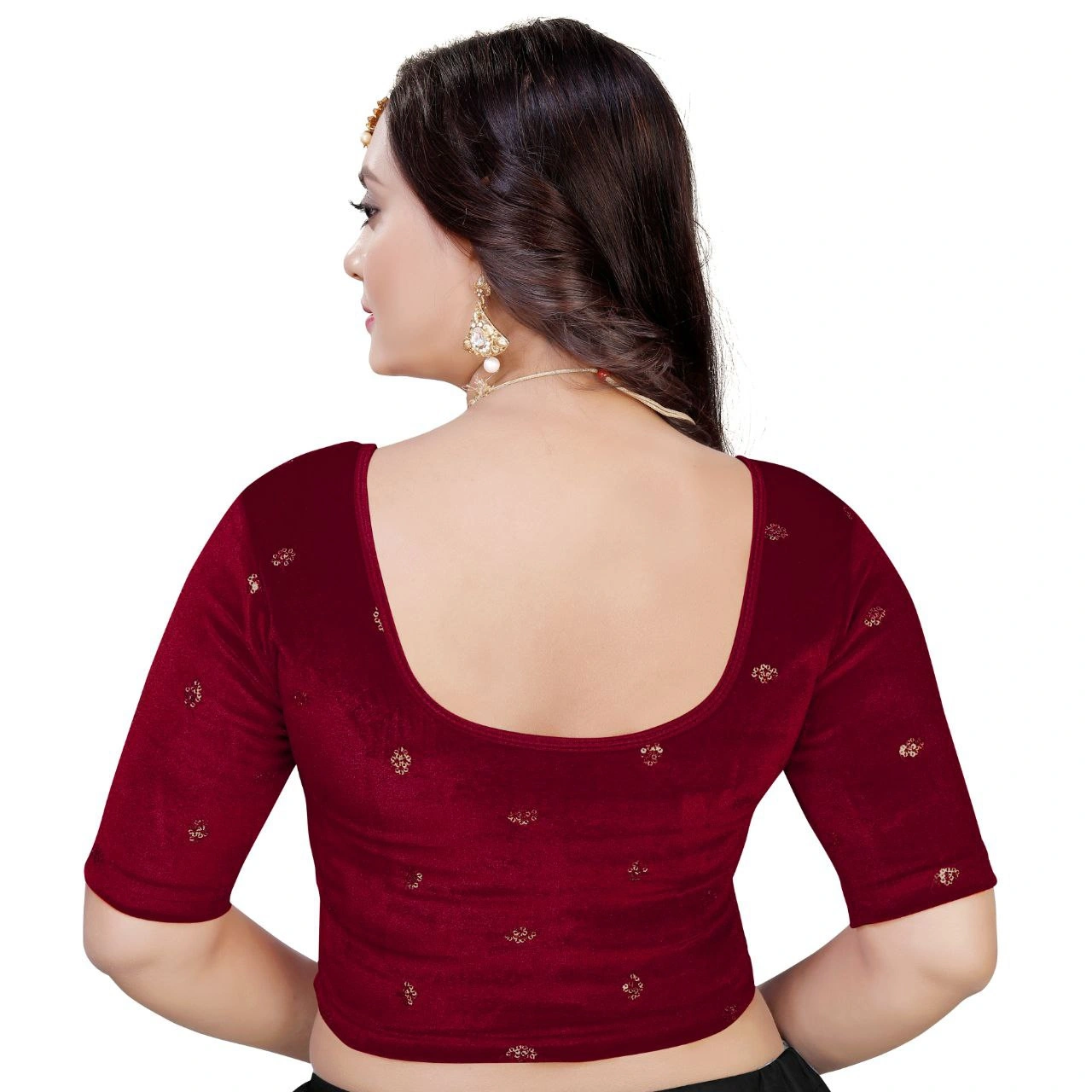 Luxurious Ready to Wear Velvet Stretchable Blouse with Embroidery Detailing-Brown-L-1