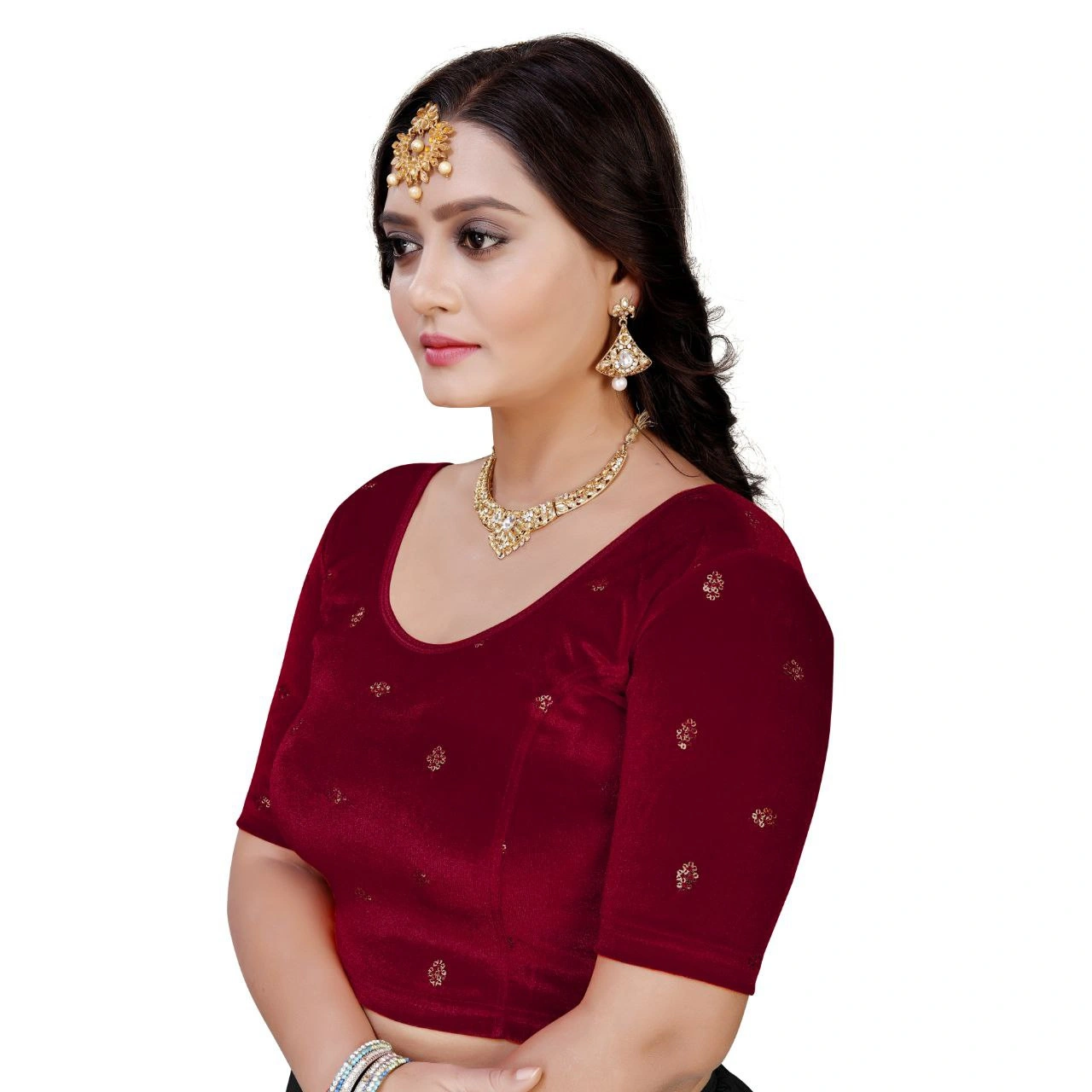 Luxurious Ready to Wear Velvet Stretchable Blouse with Embroidery Detailing-Brown-L-2