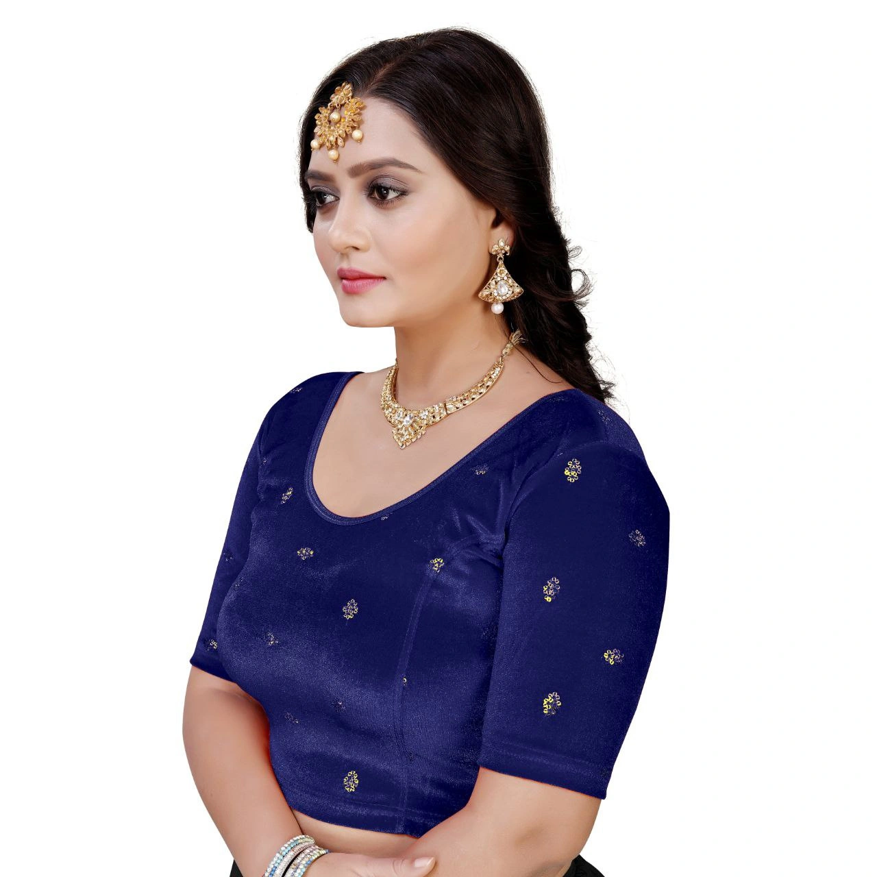 Luxurious Ready to Wear Velvet Stretchable Blouse with Embroidery Detailing-Navy-XL-1