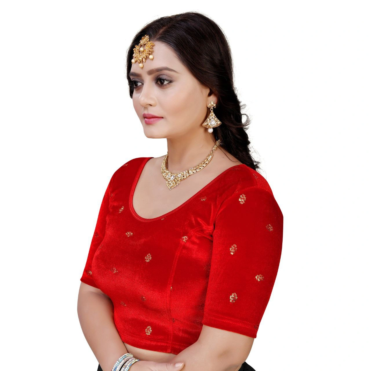 Luxurious Ready to Wear Velvet Stretchable Blouse with Embroidery Detailing-Red-XL-1