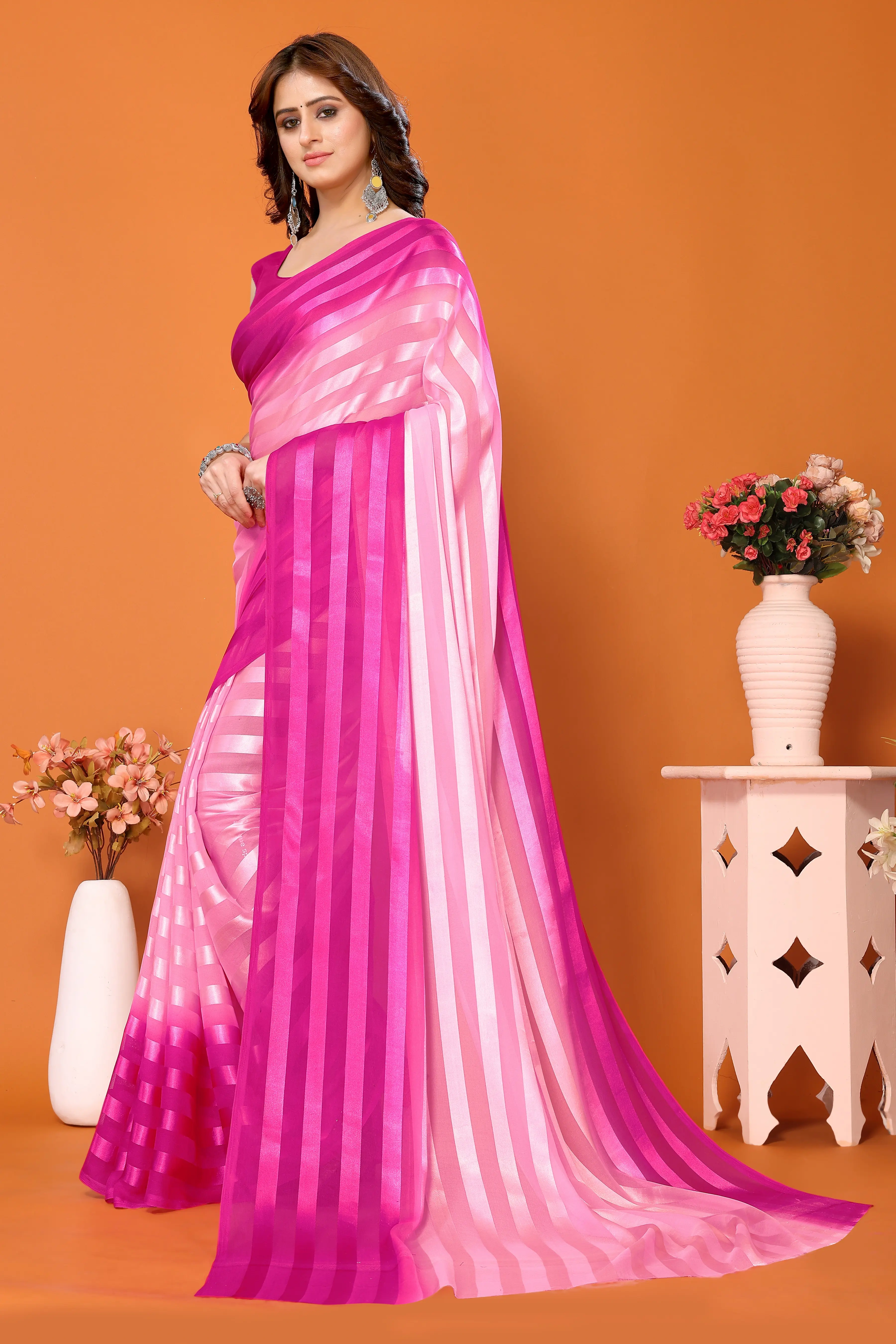 Elegant Women Striped Saree with Contrast Border - Georgette Fabric-12370070