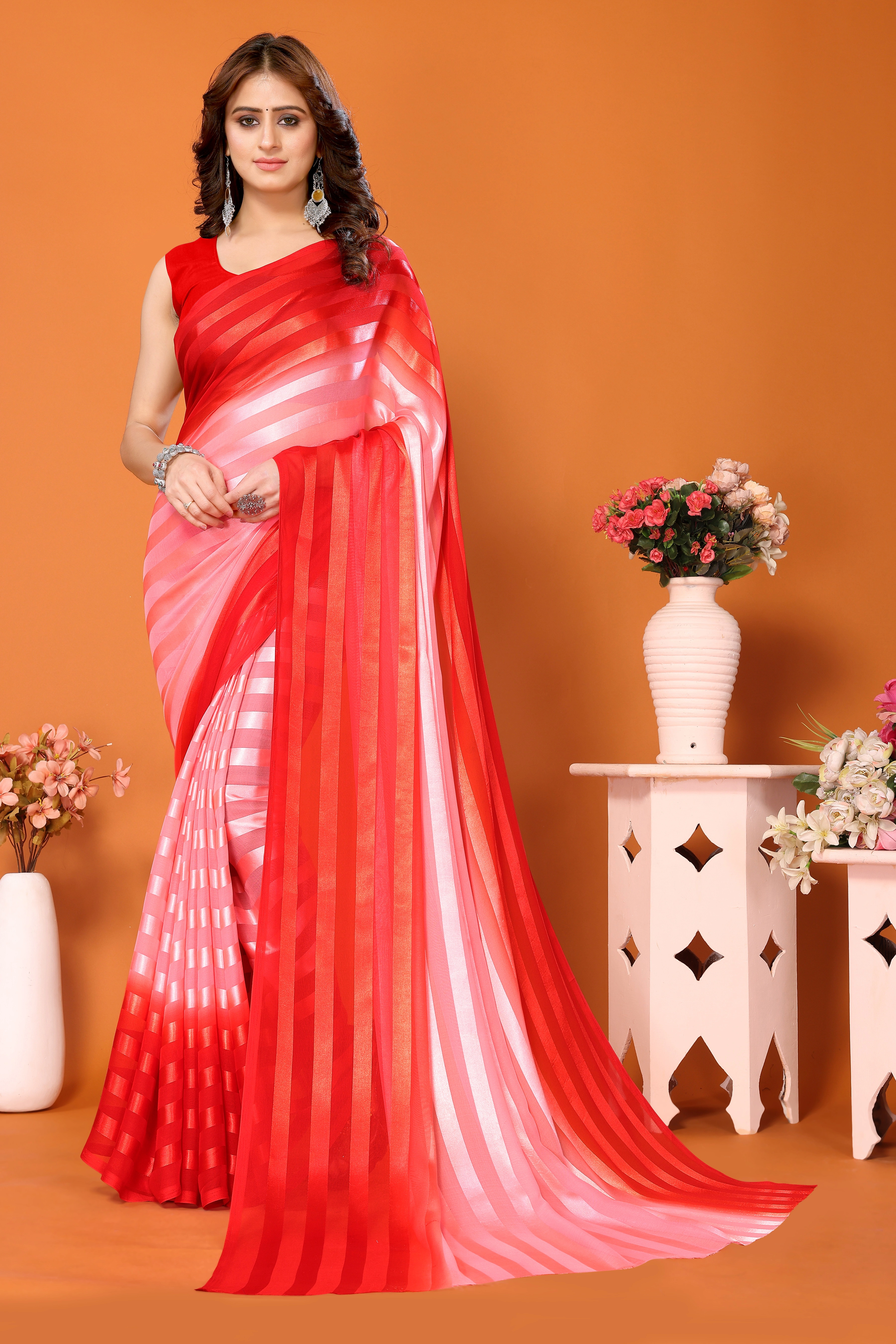 Elegant Women Striped Saree with Contrast Border - Georgette Fabric-12370062