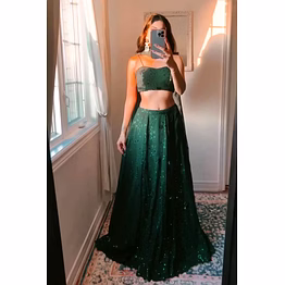 shiv bottle green hand embroidered designer blouse with sequence skirt