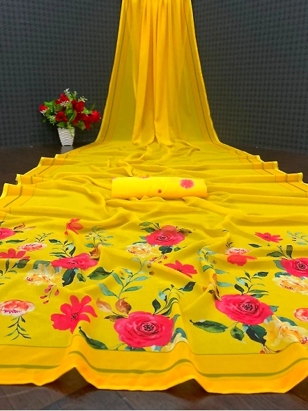 Yellow Georgette Digital Printed Saree - Elegant and Vibrant Ethnic Wear-Yellow