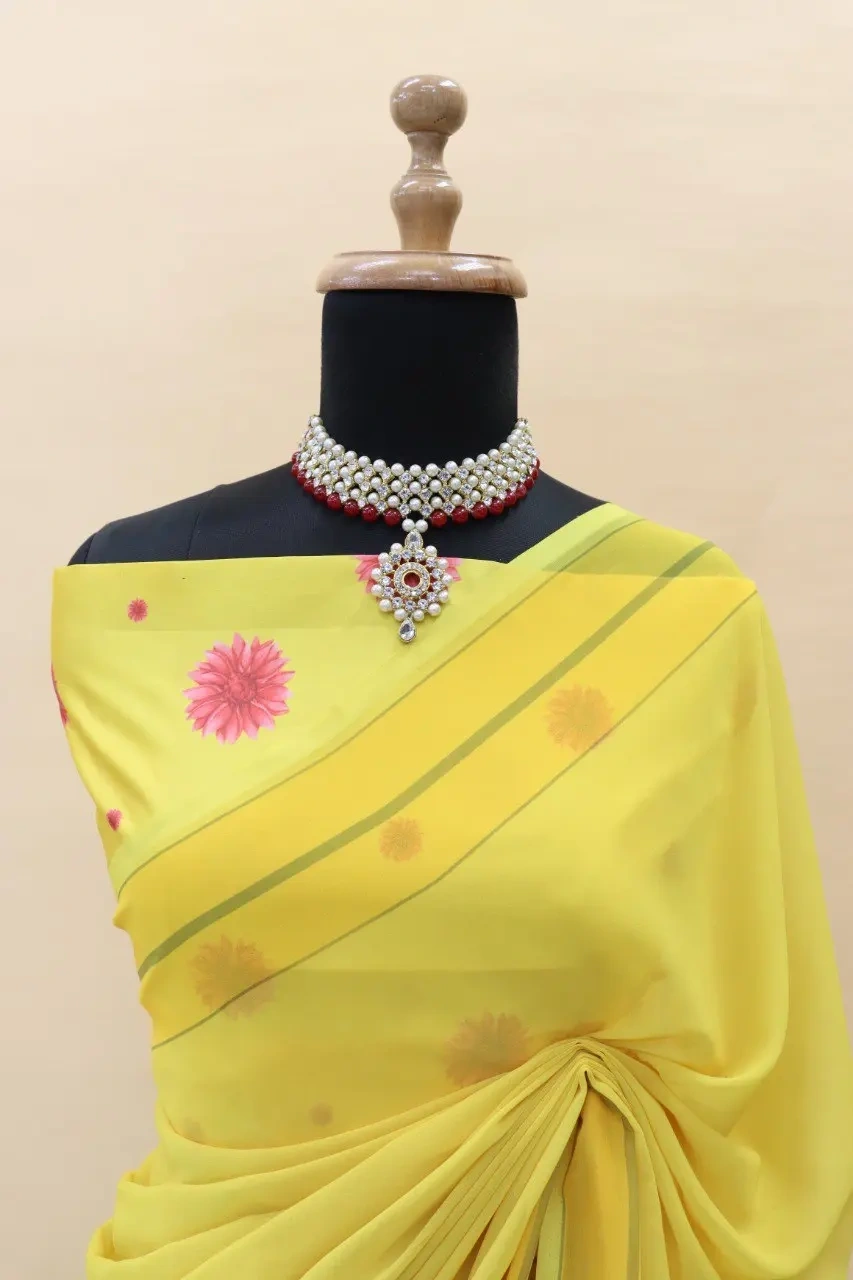 Yellow Georgette Digital Printed Saree - Elegant and Vibrant Ethnic Wear-Yellow-2