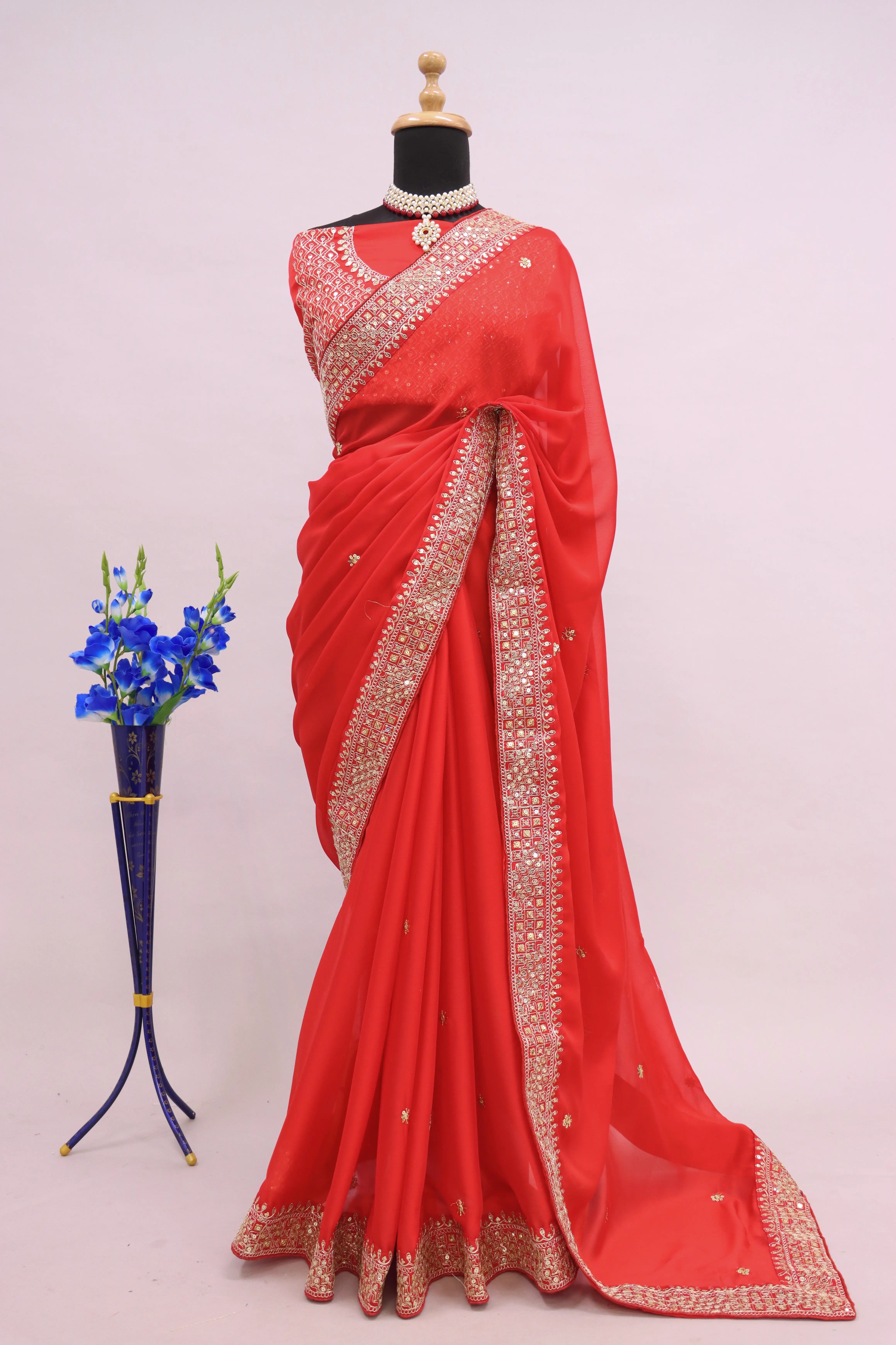 Exquisite Red Colour Rangoli Silk Saree with Sequin Work-Red-4