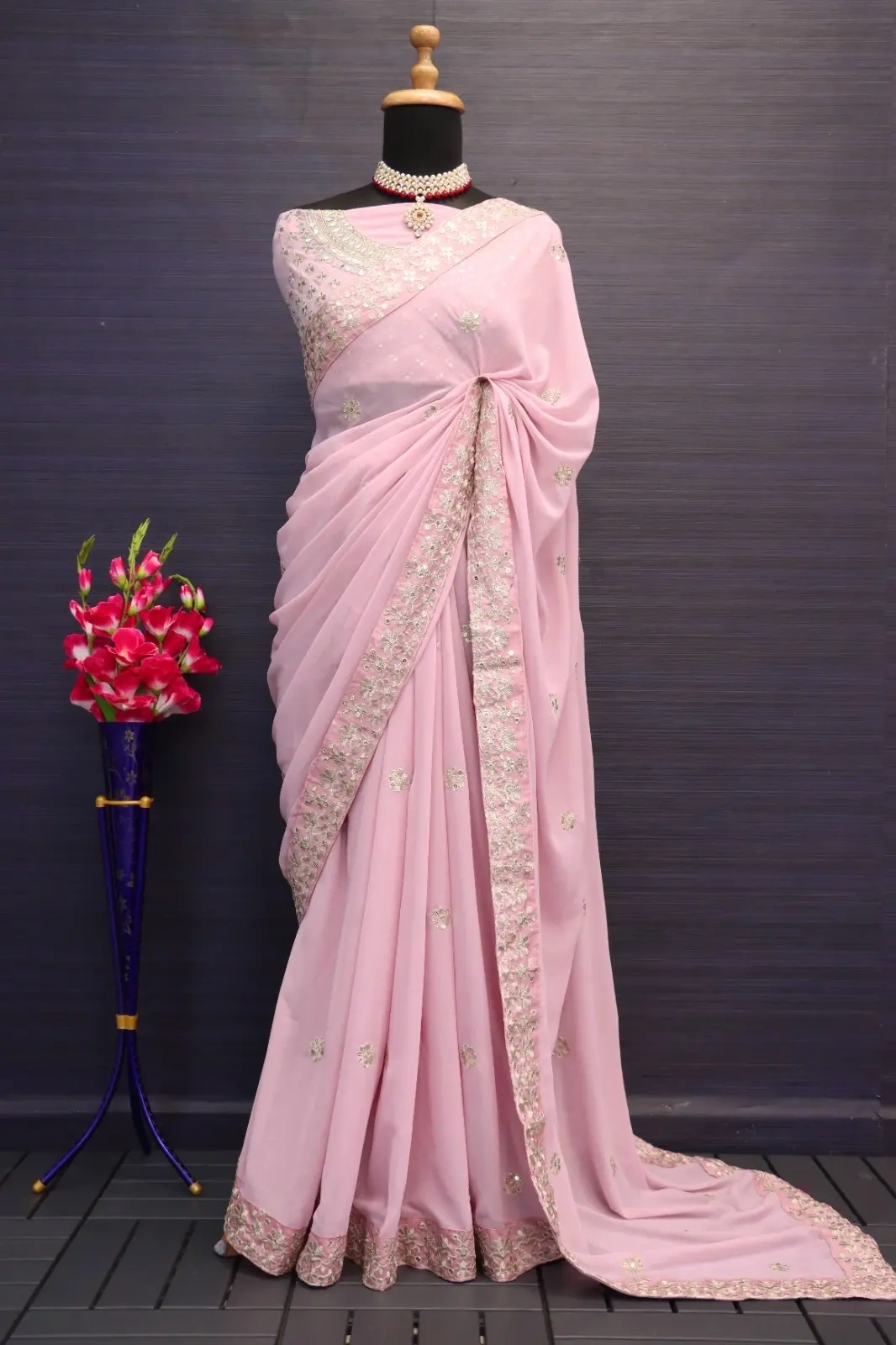 Rashmika Mandanna Georgette Pink Saree - Elegant Attire for Special Occasions-Pink-4