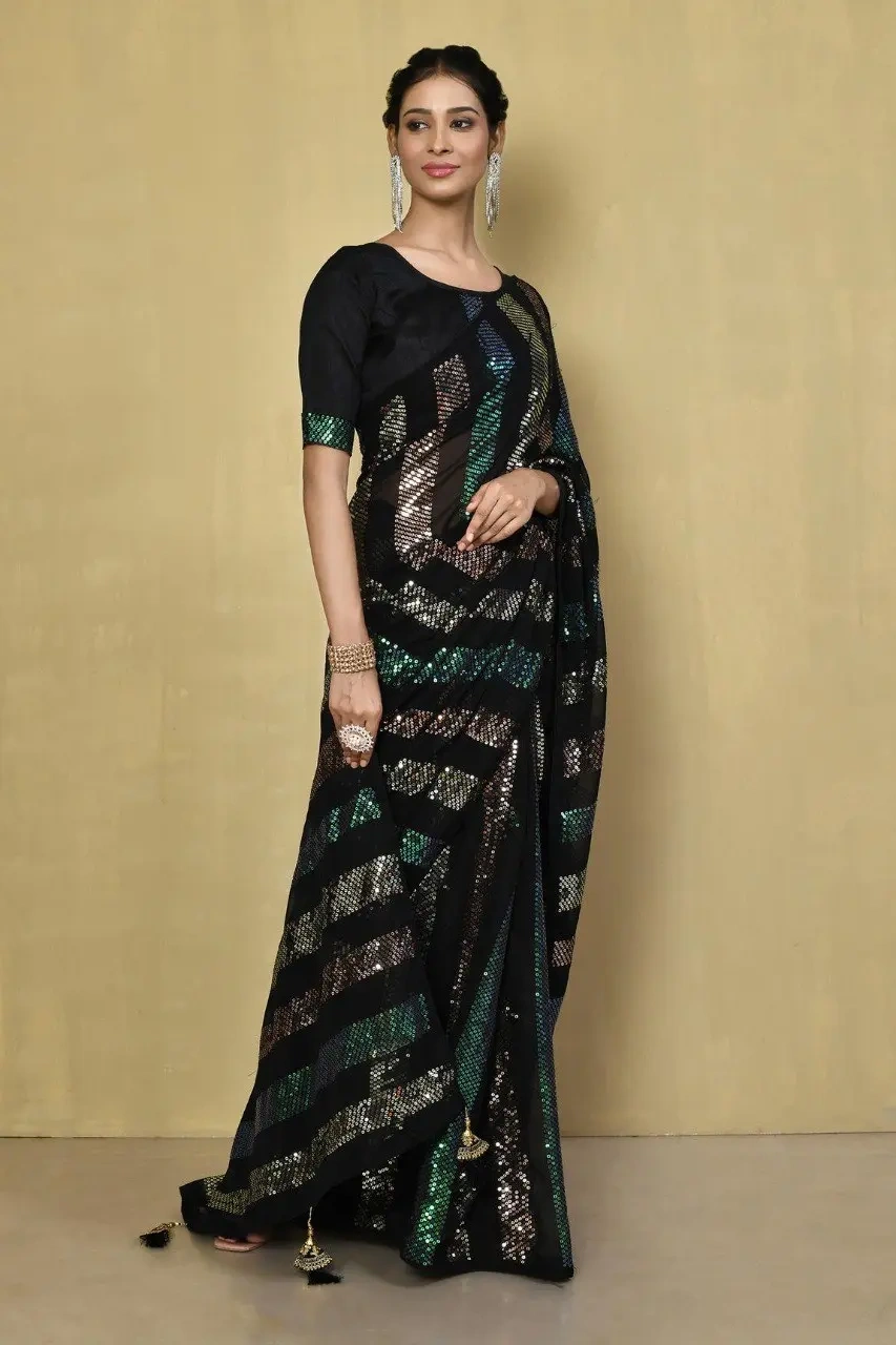 Embellished Georgette Sequence Saree with Sequence Embroidery Work-VT1143_Black