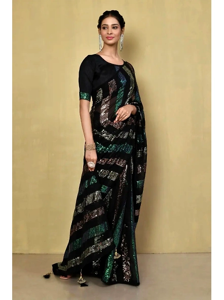 Embellished Georgette Sequence Saree with Sequence Embroidery Work-VT1143_Black