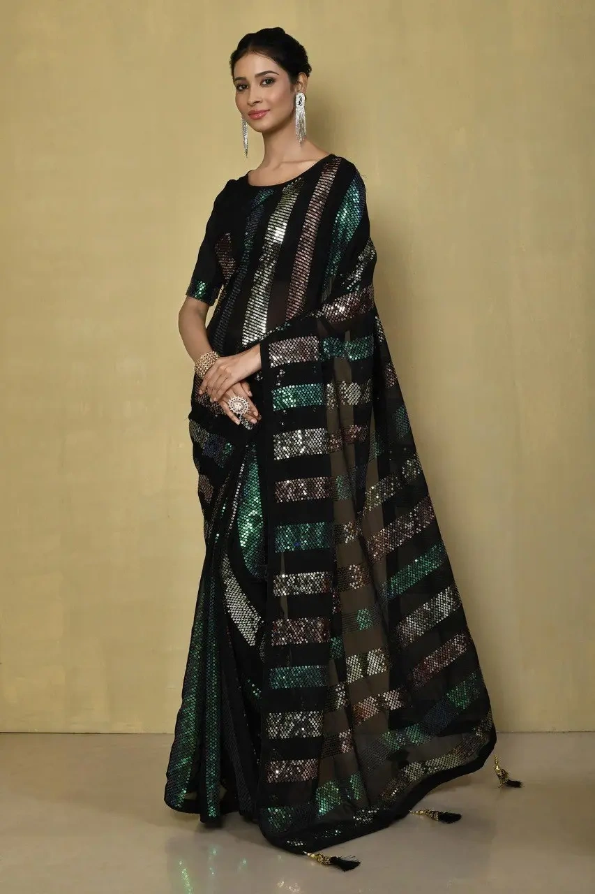 Embellished Georgette Sequence Saree with Sequence Embroidery Work-Black-1