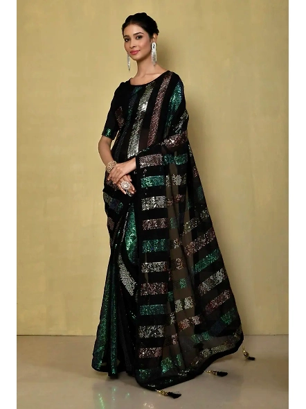 Embellished Georgette Sequence Saree with Sequence Embroidery Work-Black-1