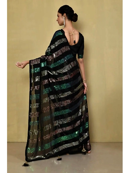 Embellished Georgette Sequence Saree with Sequence Embroidery Work-Black-2