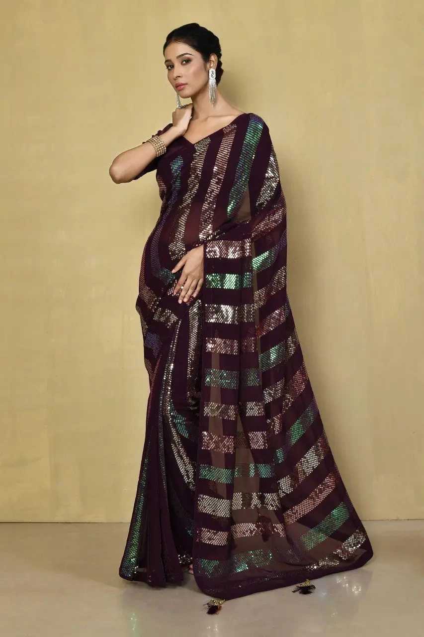 Embellished Georgette Sequence Saree with Sequence Embroidery Work-VT1143_Brown