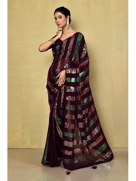 Embellished Georgette Sequence Saree with Sequence Embroidery Work-VT1143_Brown
